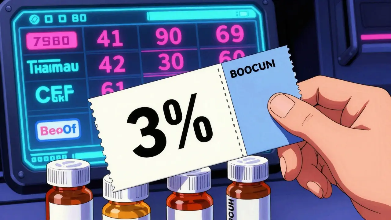 Hand holding discount coupon over prescriptions with neon price graphics
