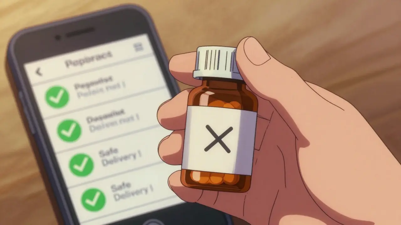 Hand holding generic medicine bottle with phone app background