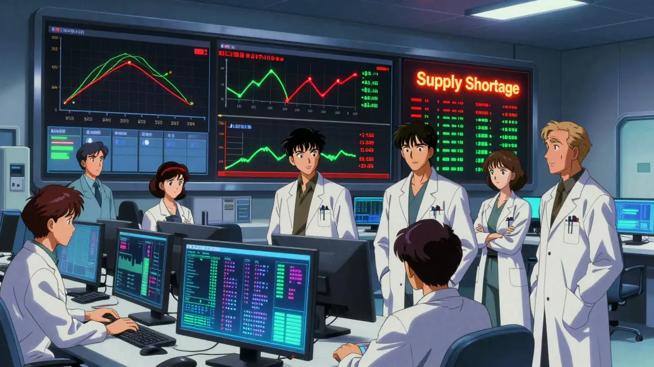 Hospital staff monitoring supply chain alerts and genetic data on screens.
