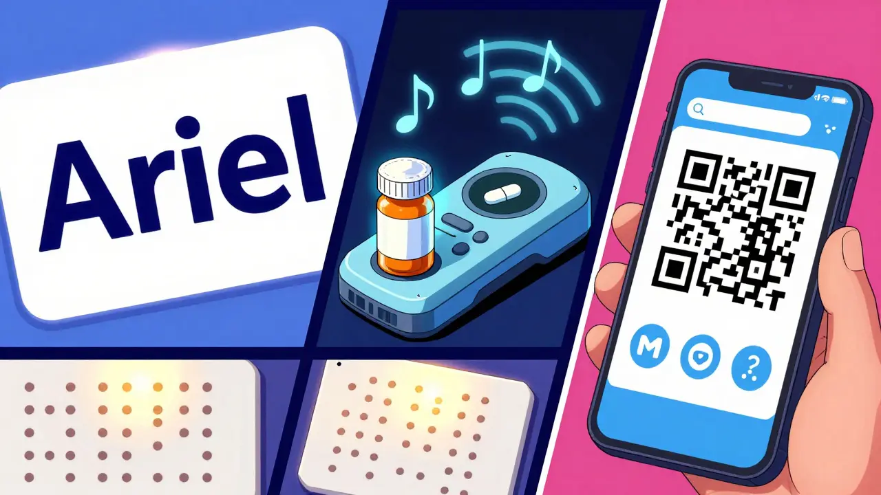 Illustration of large print, audio, QR code, and Braille label options