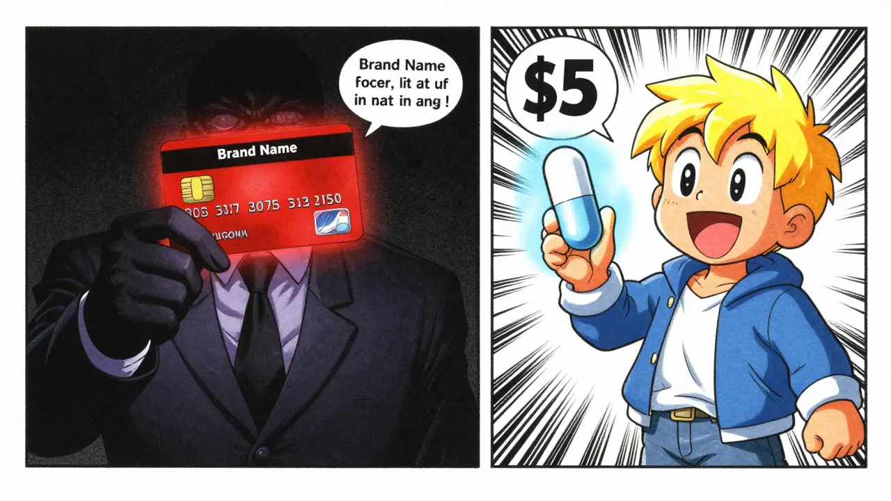 Manga comparison of expensive brand drug vs cheap generic pill