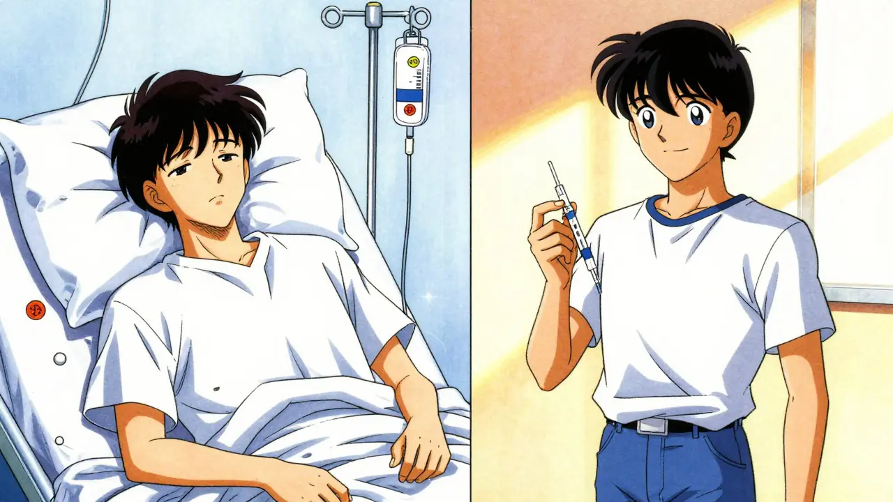 Manga panel: Patient receiving IV vs injection therapy comparison