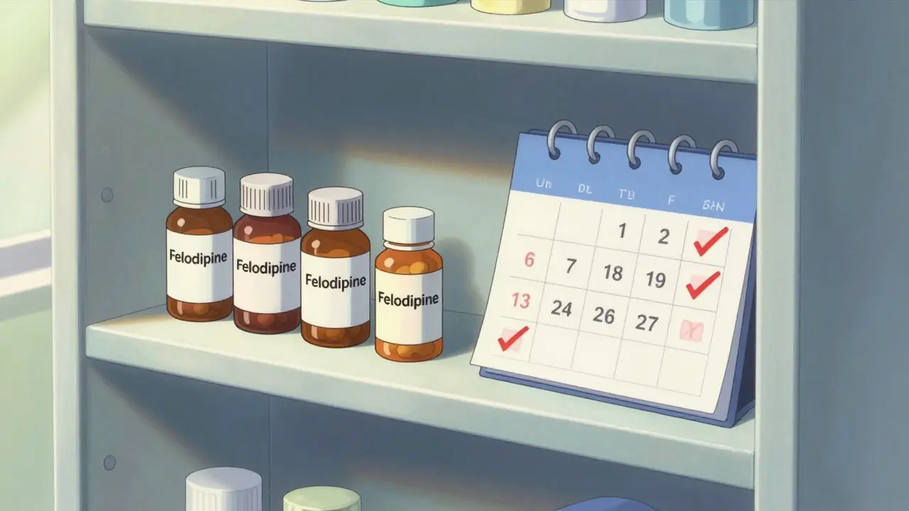 Organized shelf with blood pressure medication and calendar