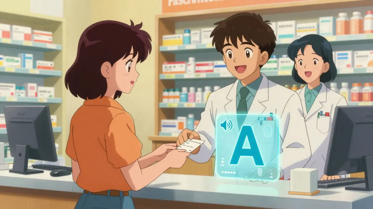 Patient confidently requesting accessible labels at pharmacy counter