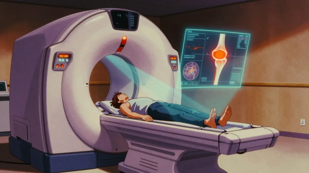 Patient in an MRI scanner with holographic organ scans in vintage anime style