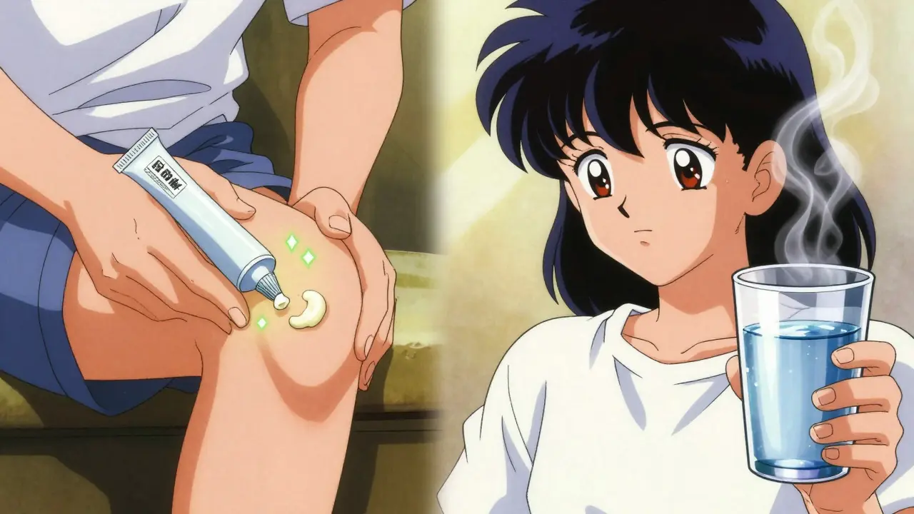 Person applying topical gel and drinking water for safe pain relief