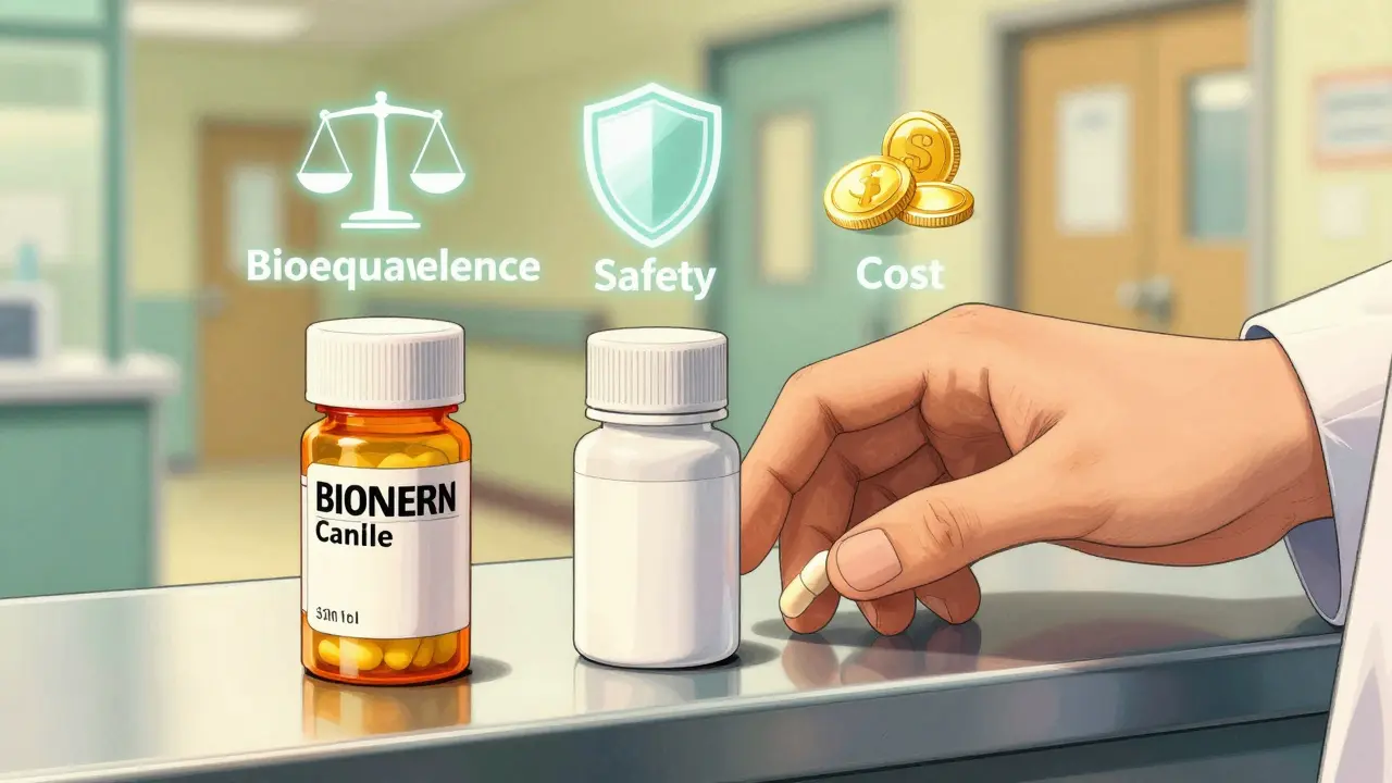 Pharmacist selecting a generic pill bottle next to safety and cost icons.