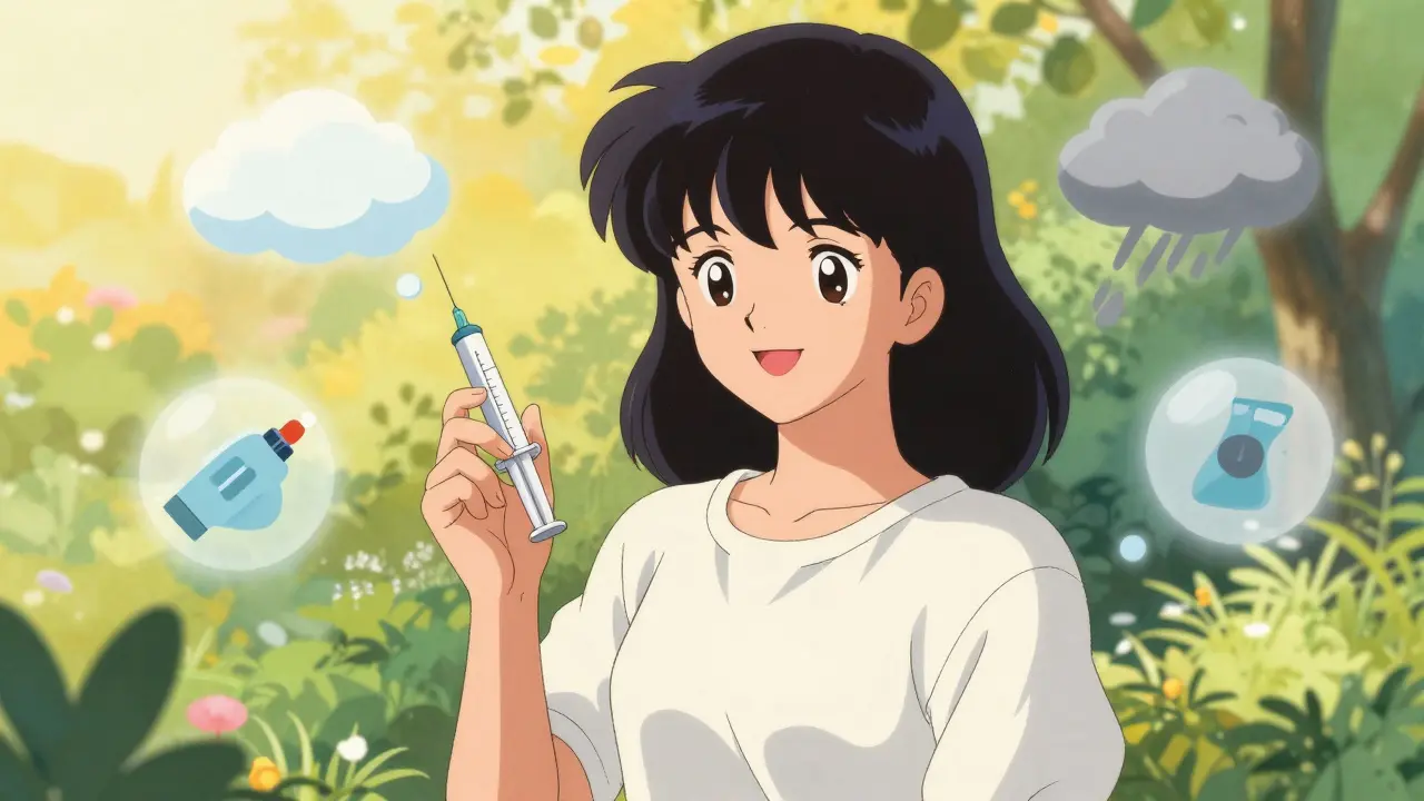 Relaxed woman with injector in sunny garden, retro anime
