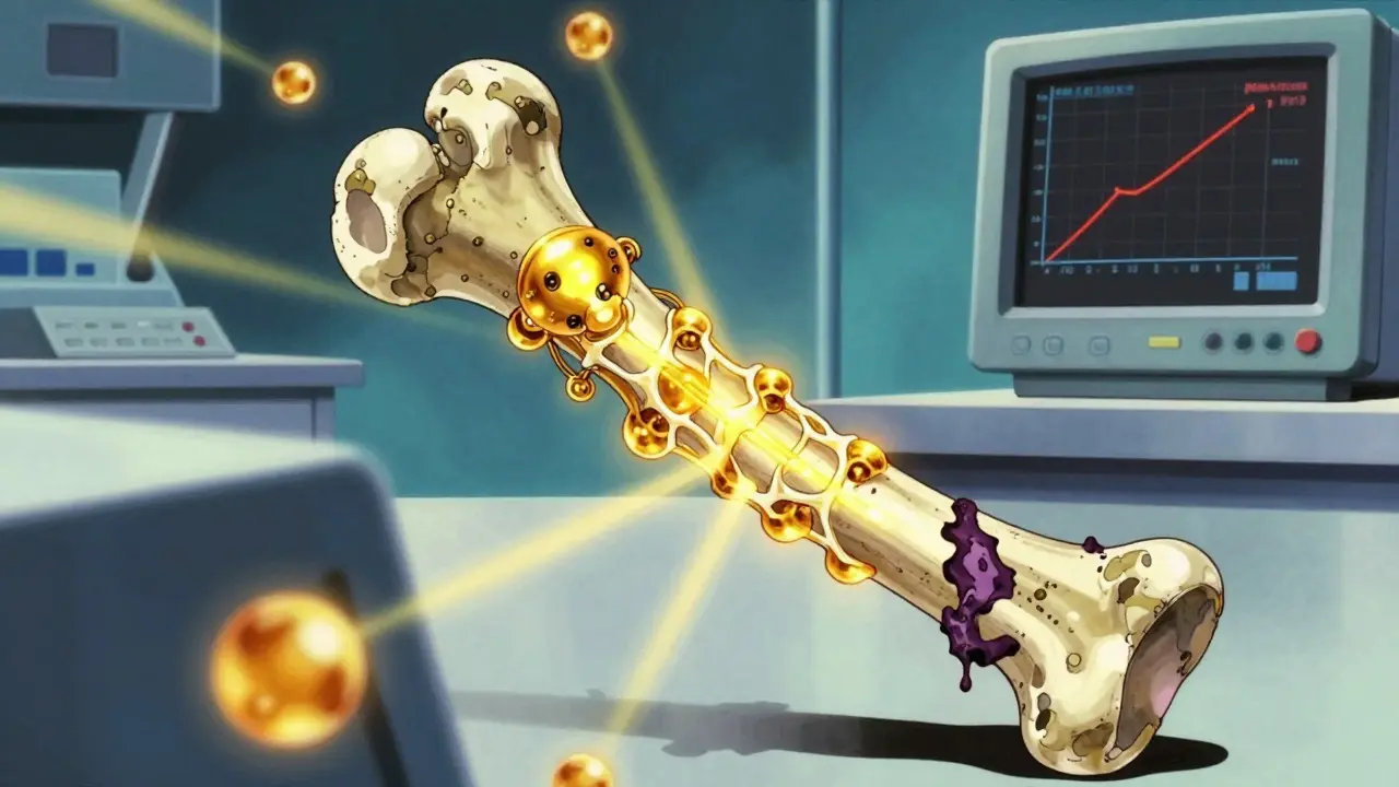 Retro anime: Golden nanobots repairing a broken bone structure