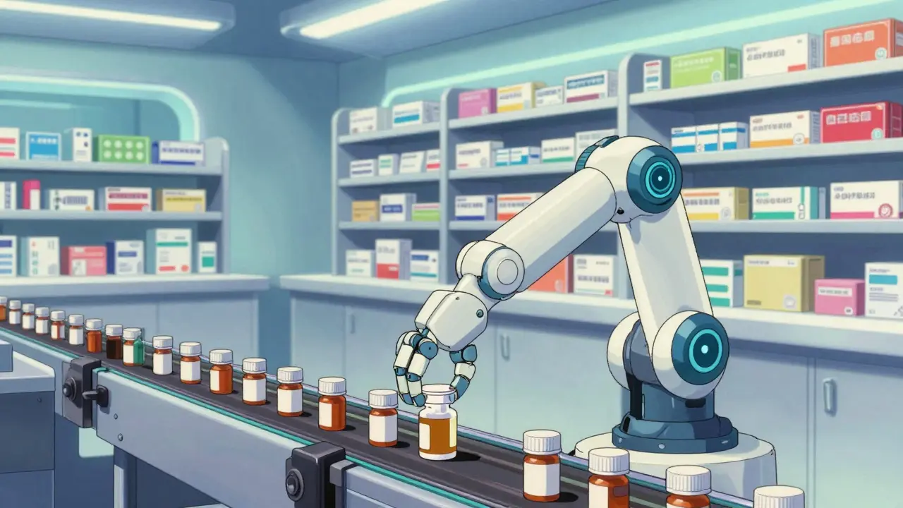 Robot arm sorting pills in automated pharmacy warehouse, retro anime art