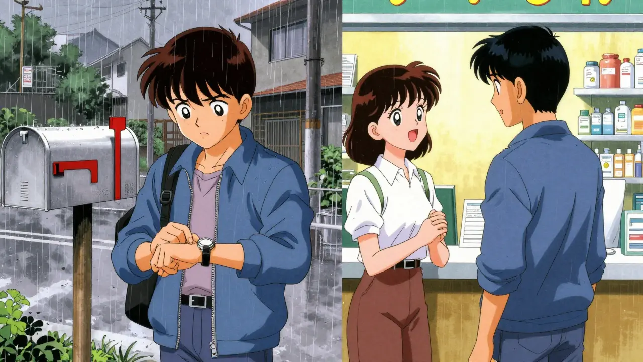 Split scene: waiting for mail vs chatting with local pharmacist, retro anime