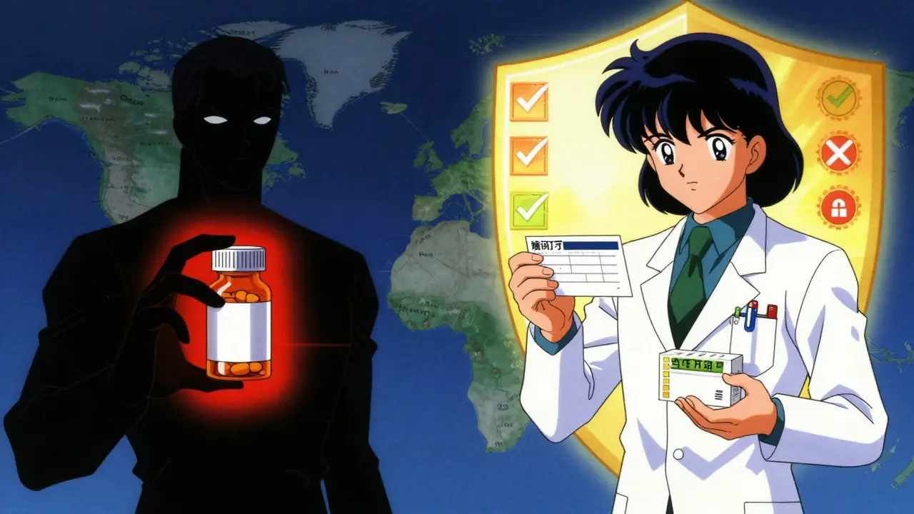 Split screen showing unsafe vendor vs trusted pharmacist with safety shield
