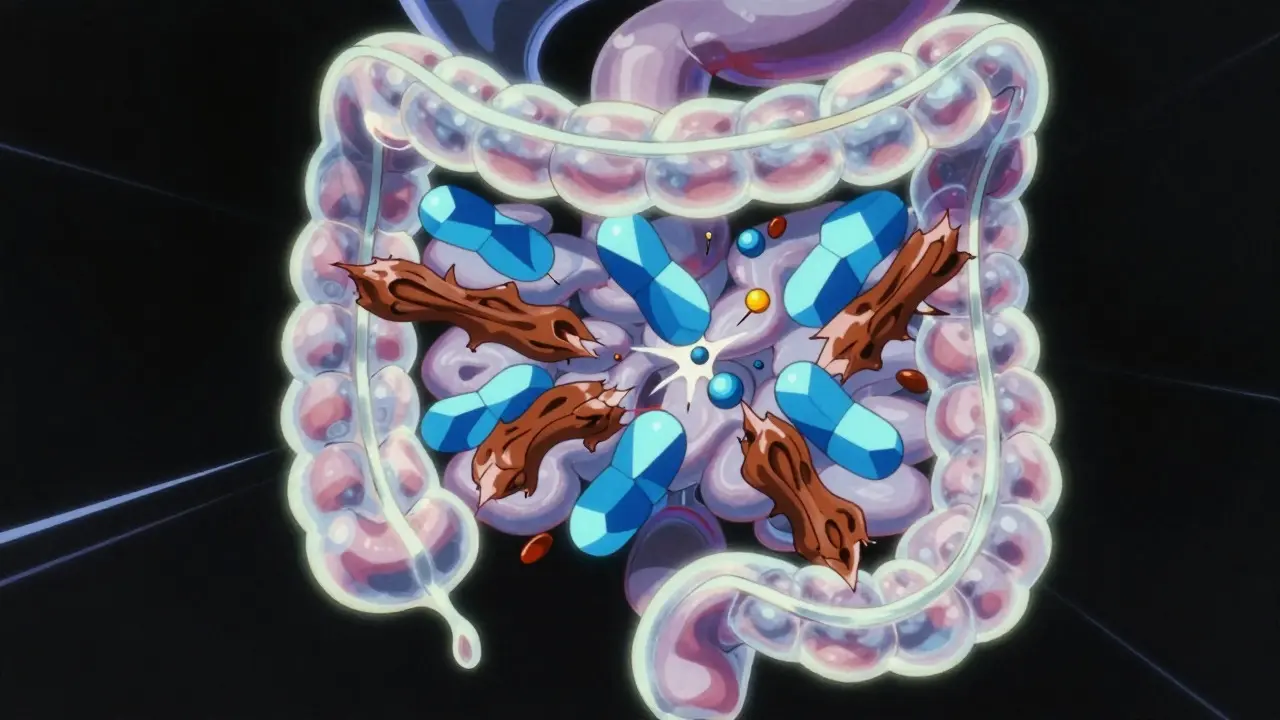 Abstract retro anime view of intestinal absorption blockage by supplements.