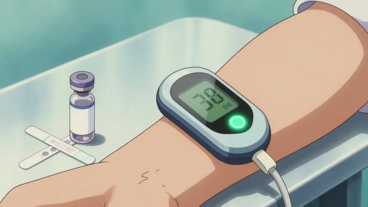 CGM sensor and insulin vial on table, retro anime tech focus