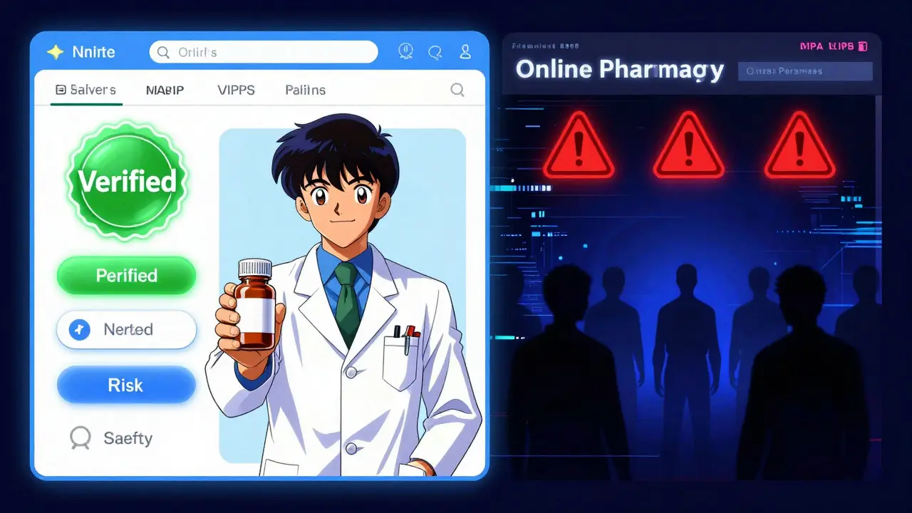 Contrast between safe verified pharmacy and risky site in retro anime art