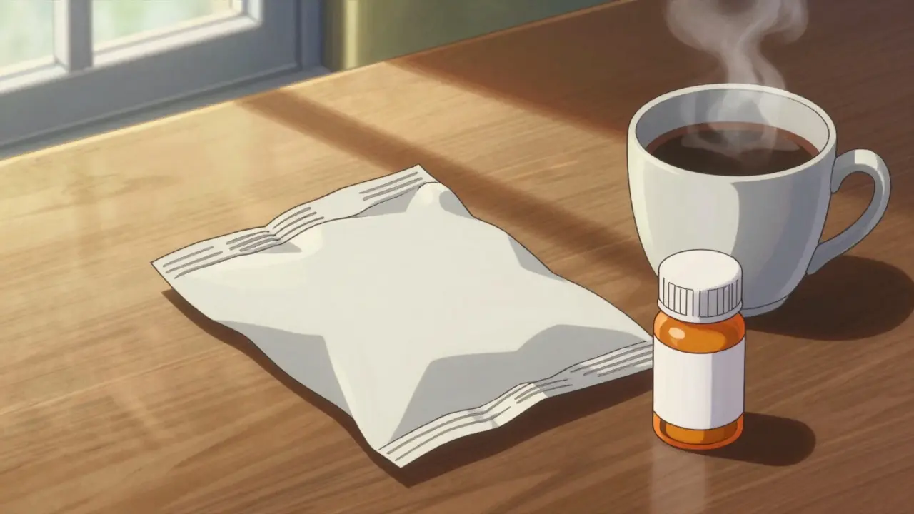 Discreet medication package and coffee on a table in retro anime style