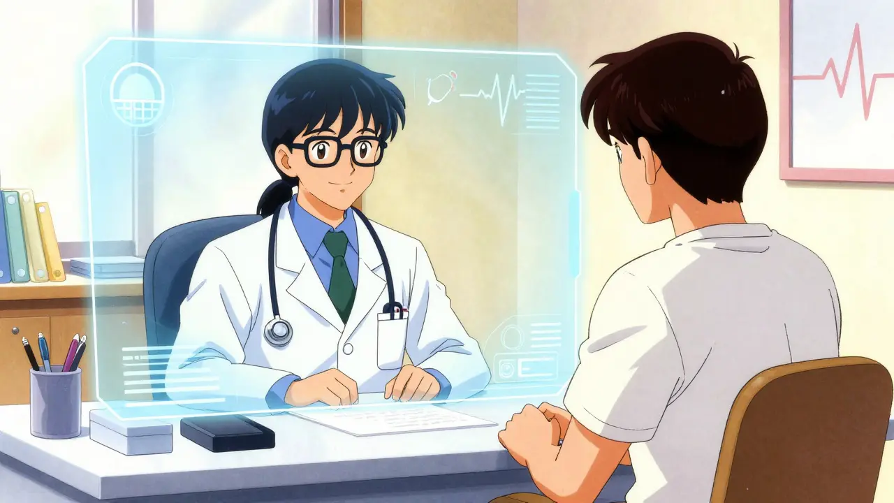 Doctor and patient having a safe video consultation in retro anime art