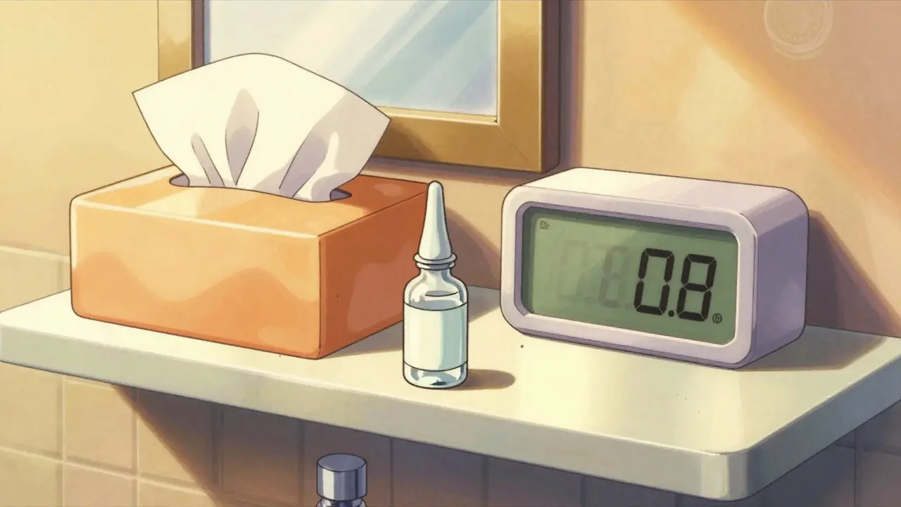 Eye drop bottle on bathroom shelf in sunny retro anime style