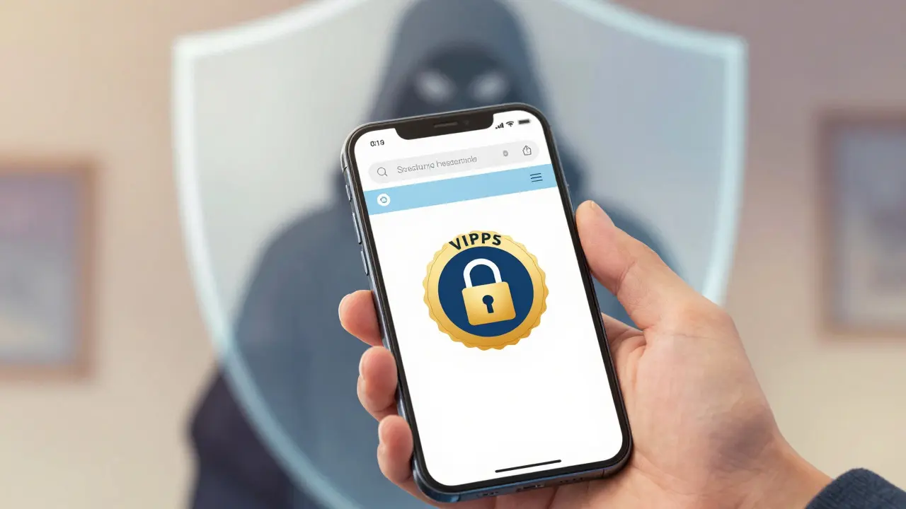 Hand holding phone showing secure pharmacy site, blocking scams with a shield of light.