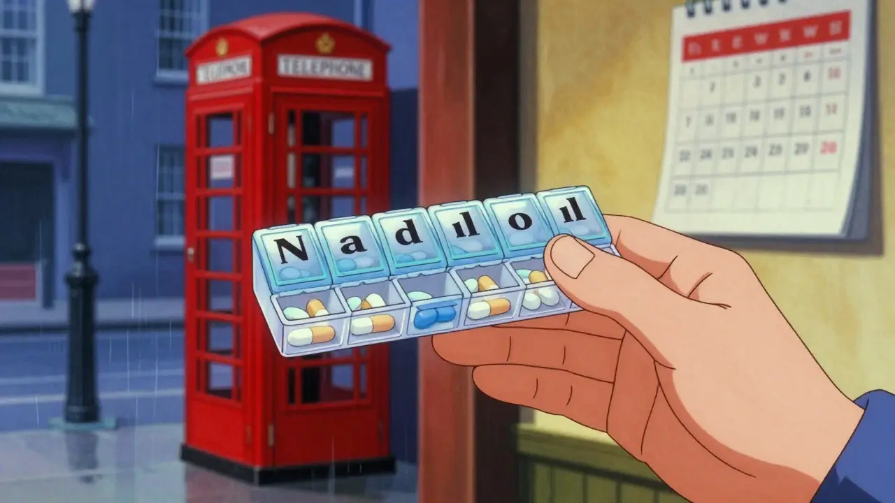 Hand holding pill organizer with UK street background in retro anime style