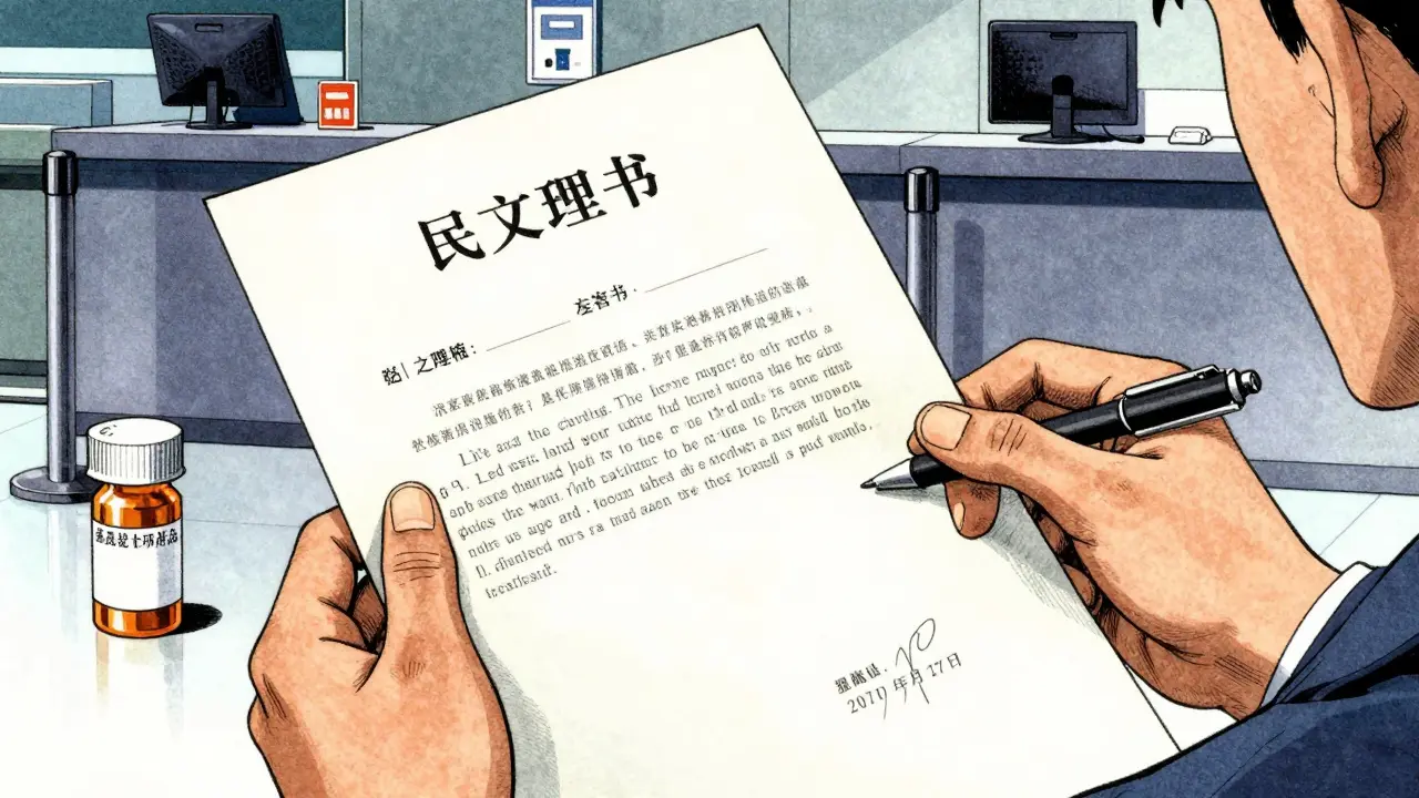 Hands holding a doctor's letter and prescription bottles at an airport