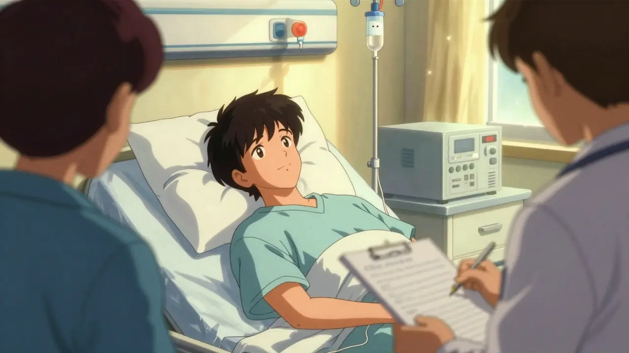 Patient recovering in hospital with IV fluids