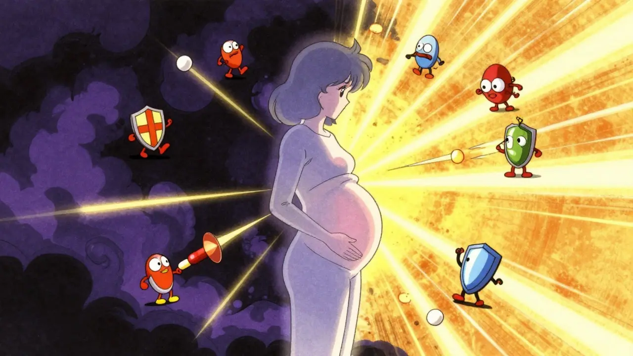 Pregnant woman silhouette balancing medication risks and benefits in vintage anime art.