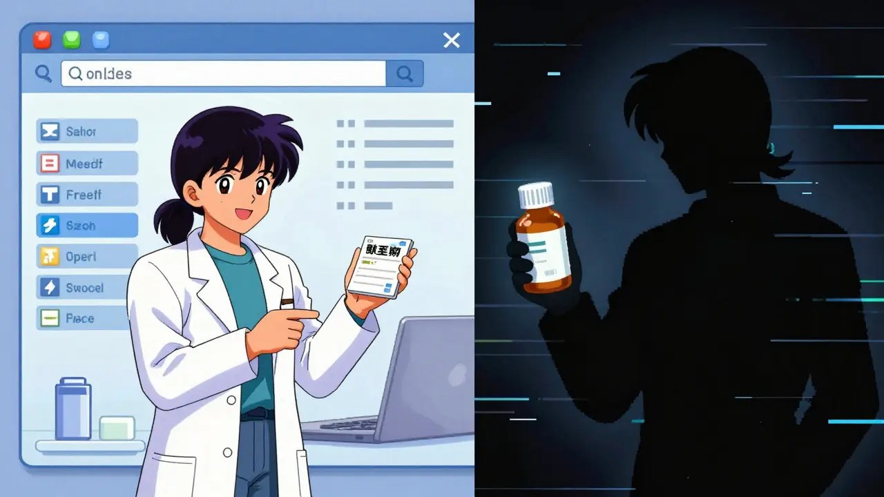 Retro anime comparison of safe vs risky online pharmacy shopping