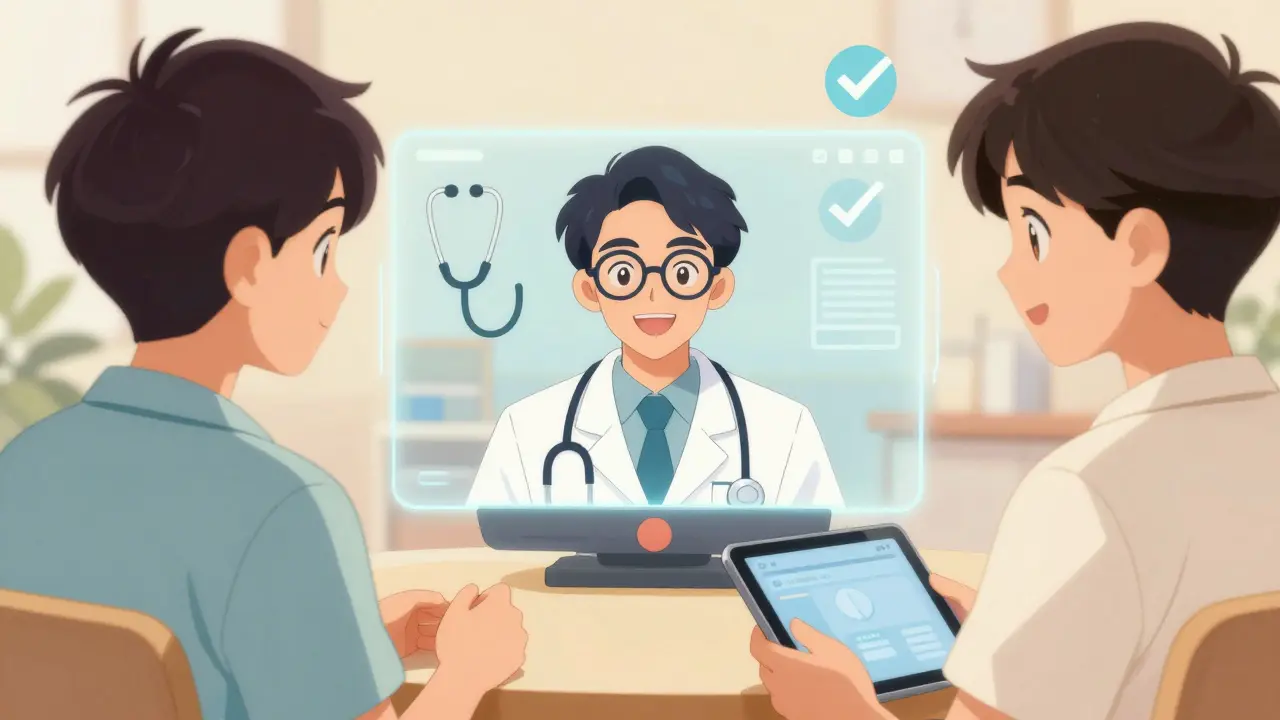 Retro anime doctor consulting with patient via video call safely