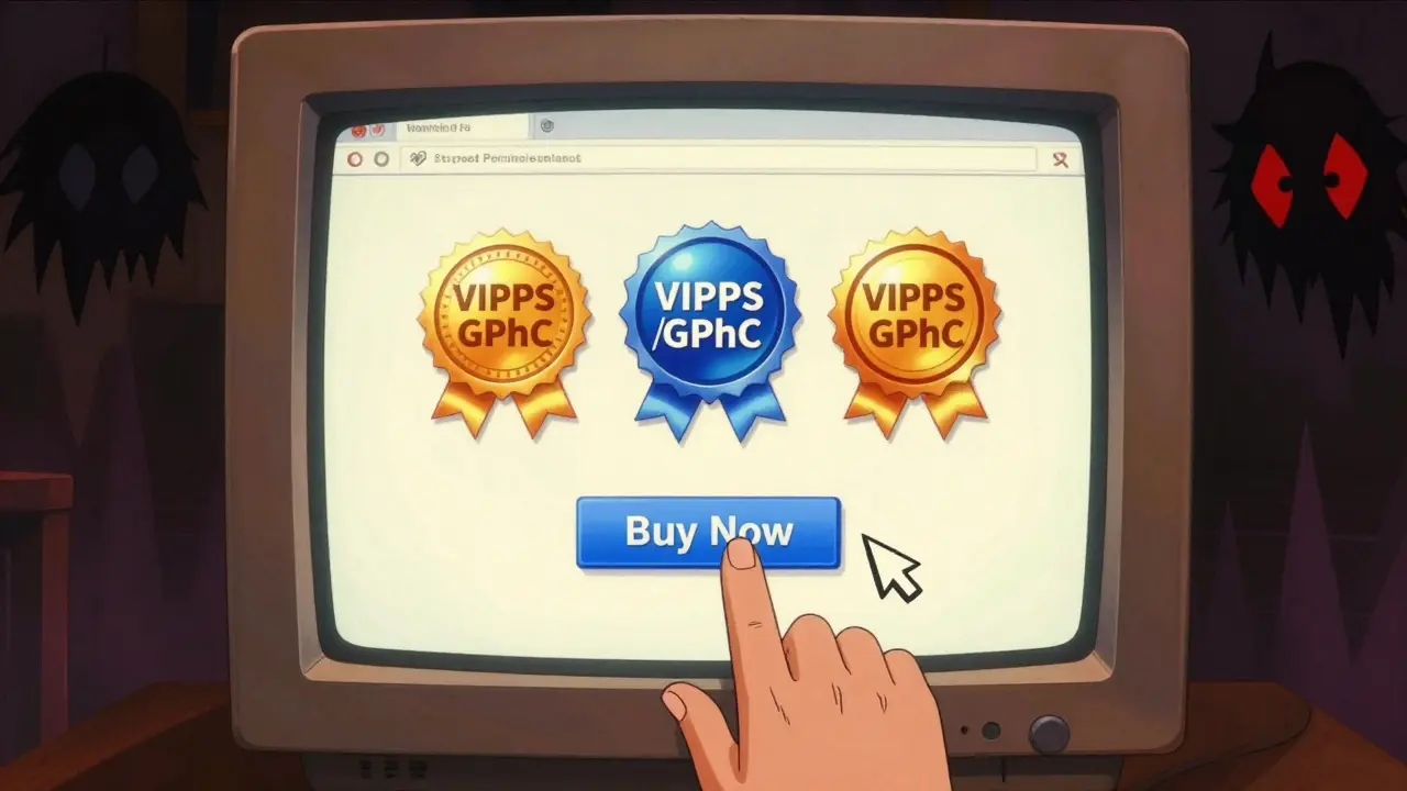 Retro anime illustration of safe online pharmacy verification
