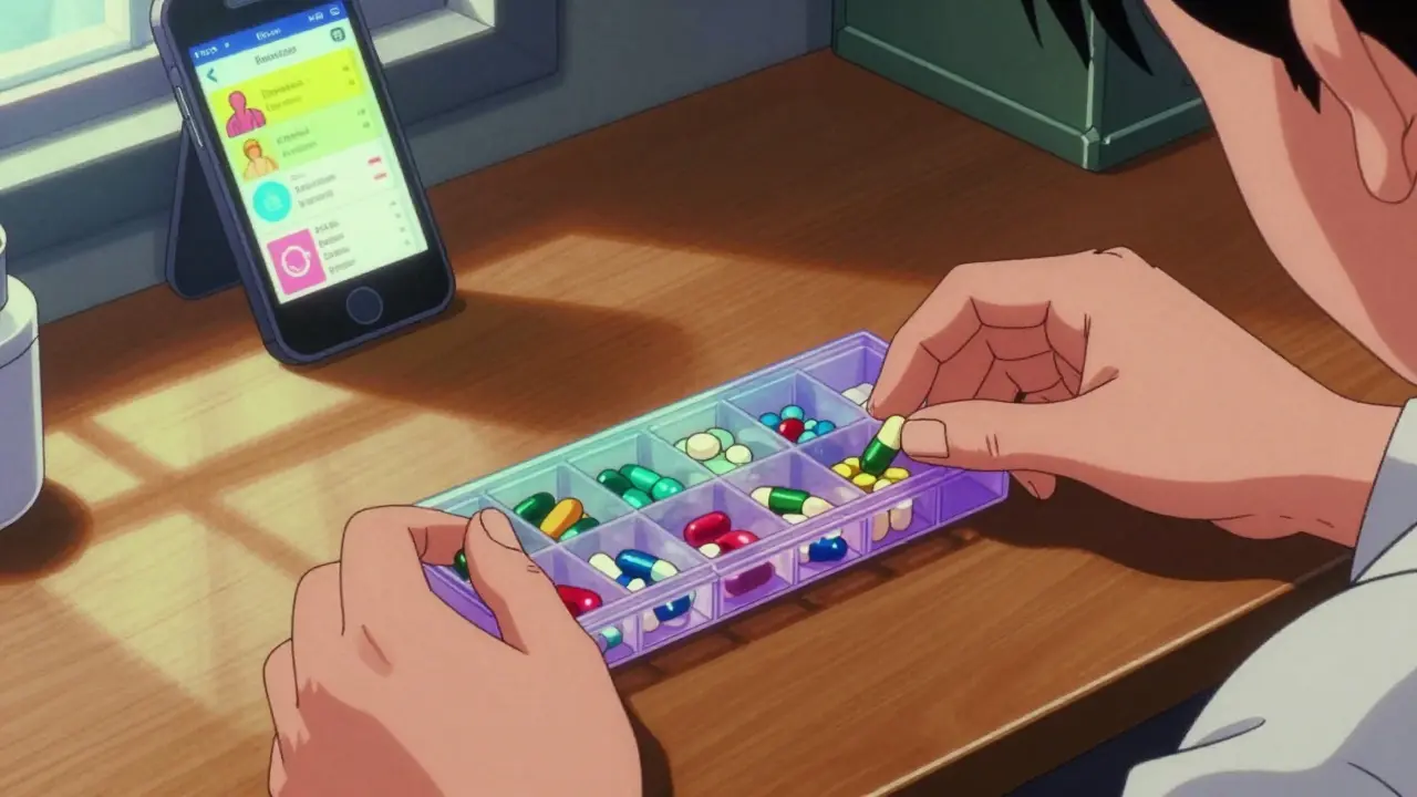 Teen organizing pills into weekly planner with phone reminders