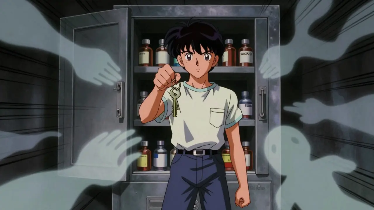 Teen securing meds in locked cabinet, resisting peer pressure