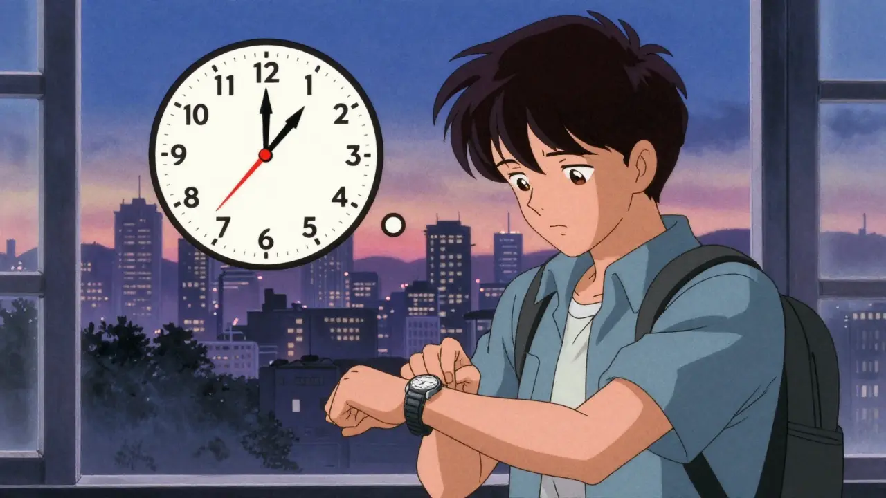 Traveler checking watch near a window, adjusting meds for time zone change