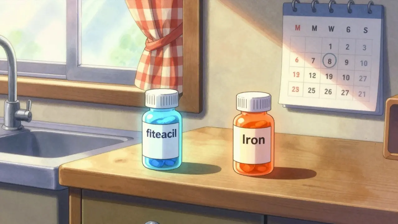 Two pill bottles spaced apart on a sunny kitchen counter in retro anime style.