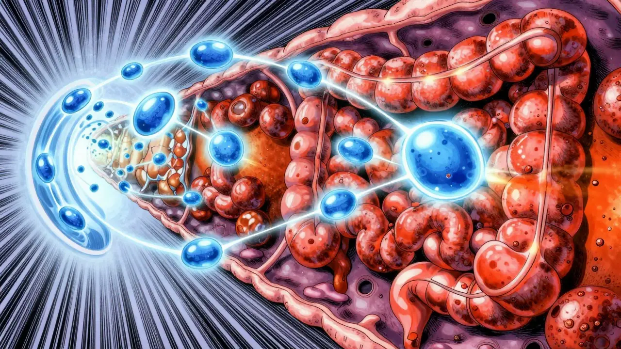 Abstract retro anime art showing iron blocking thyroid absorption.