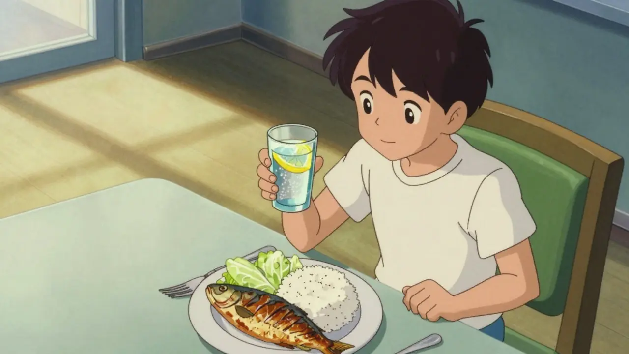Anime style depiction of a balanced renal-friendly meal at a dining table