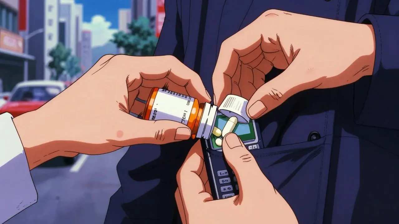 Close-up of hands putting a pill bottle in a pocket on a city street