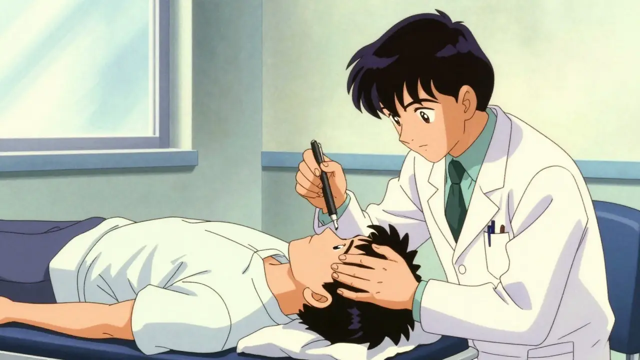 Doctor examining a patient's eyes during a balance test