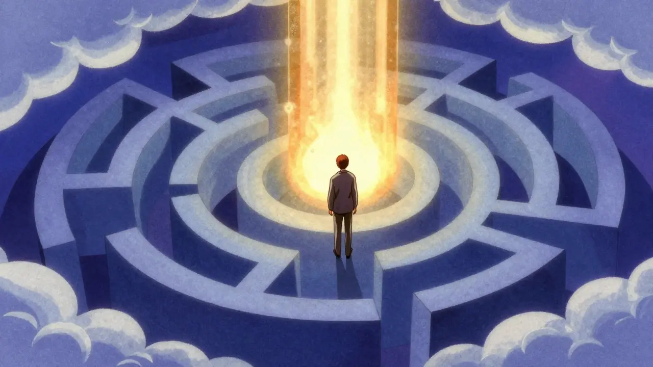 Figure navigating a maze toward light in retro anime style