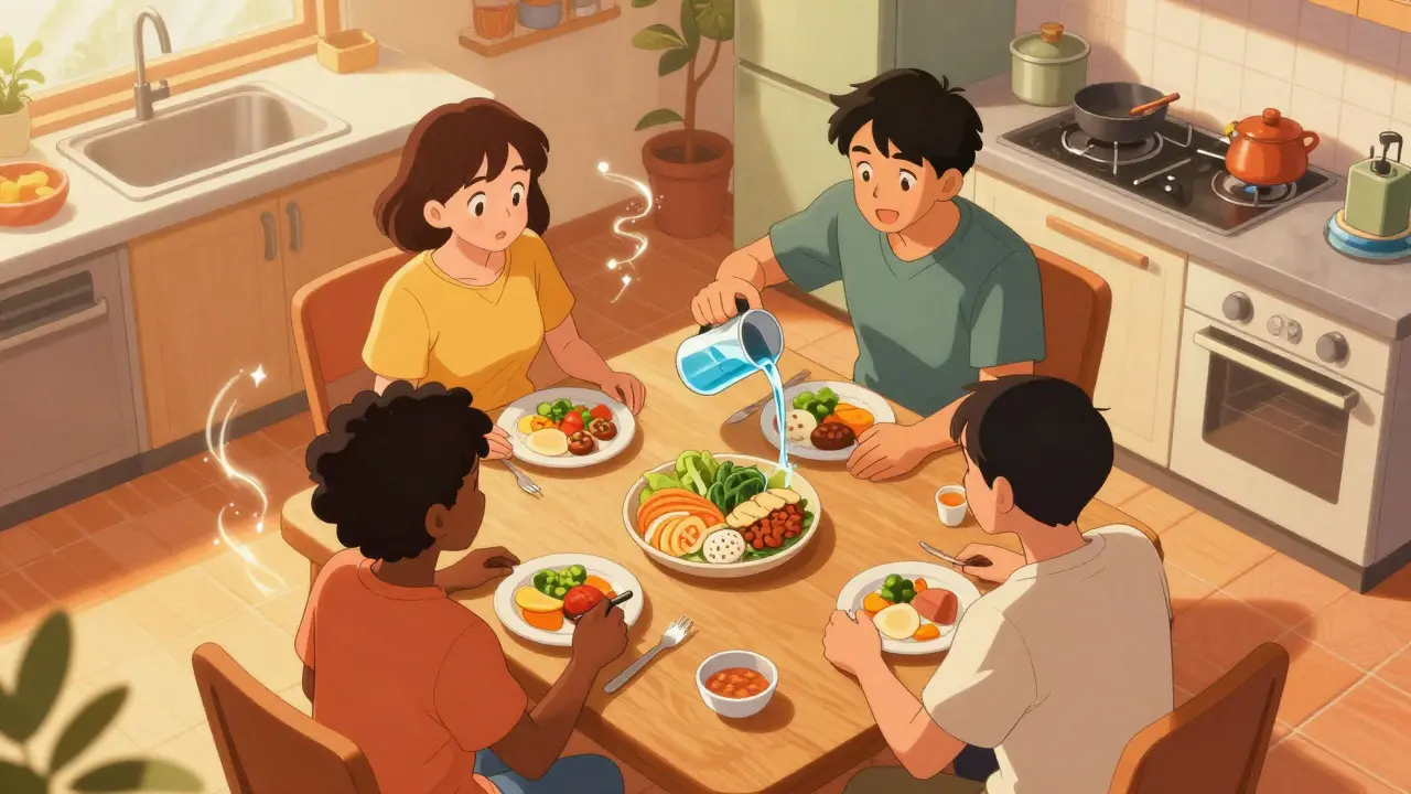 Group sharing healthy meal in warm kitchen setting