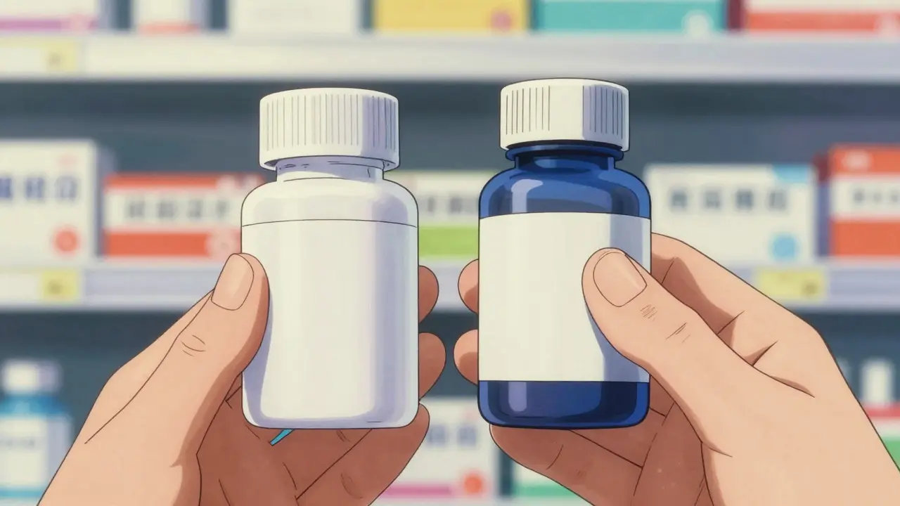 Hands comparing two medicine bottles in a retro anime style