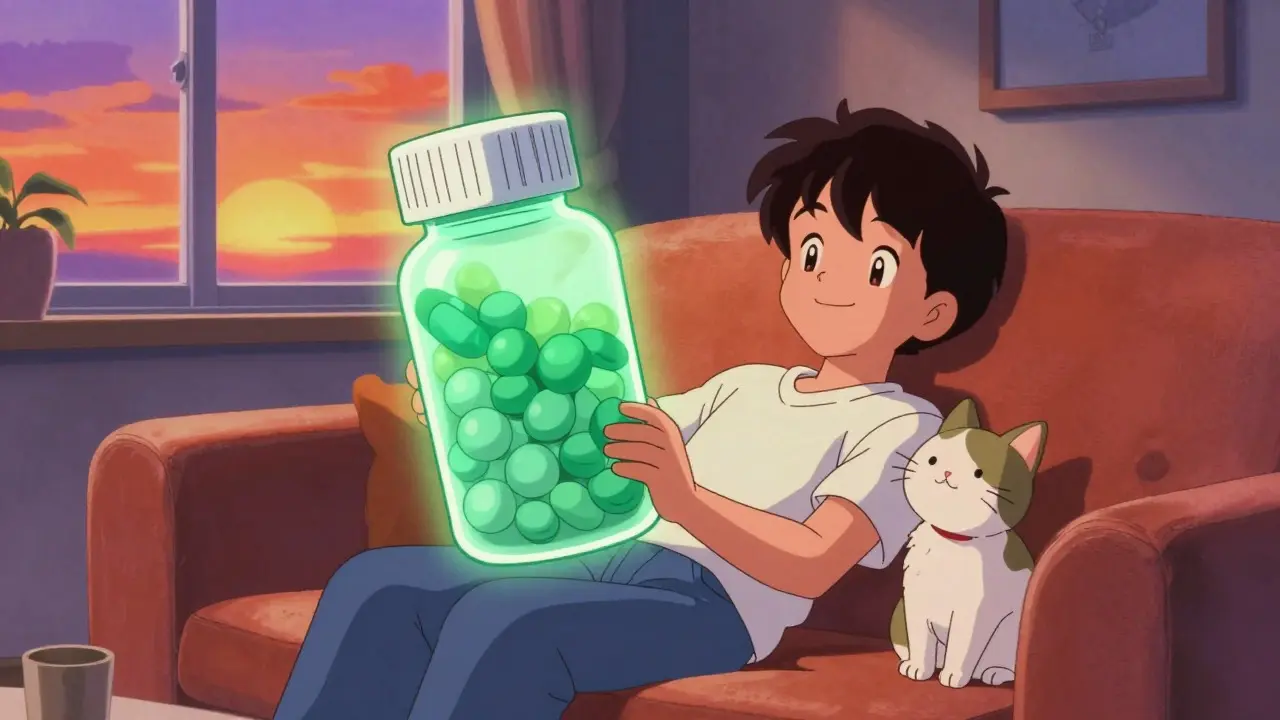 Happy person holding a large pill bottle on a couch