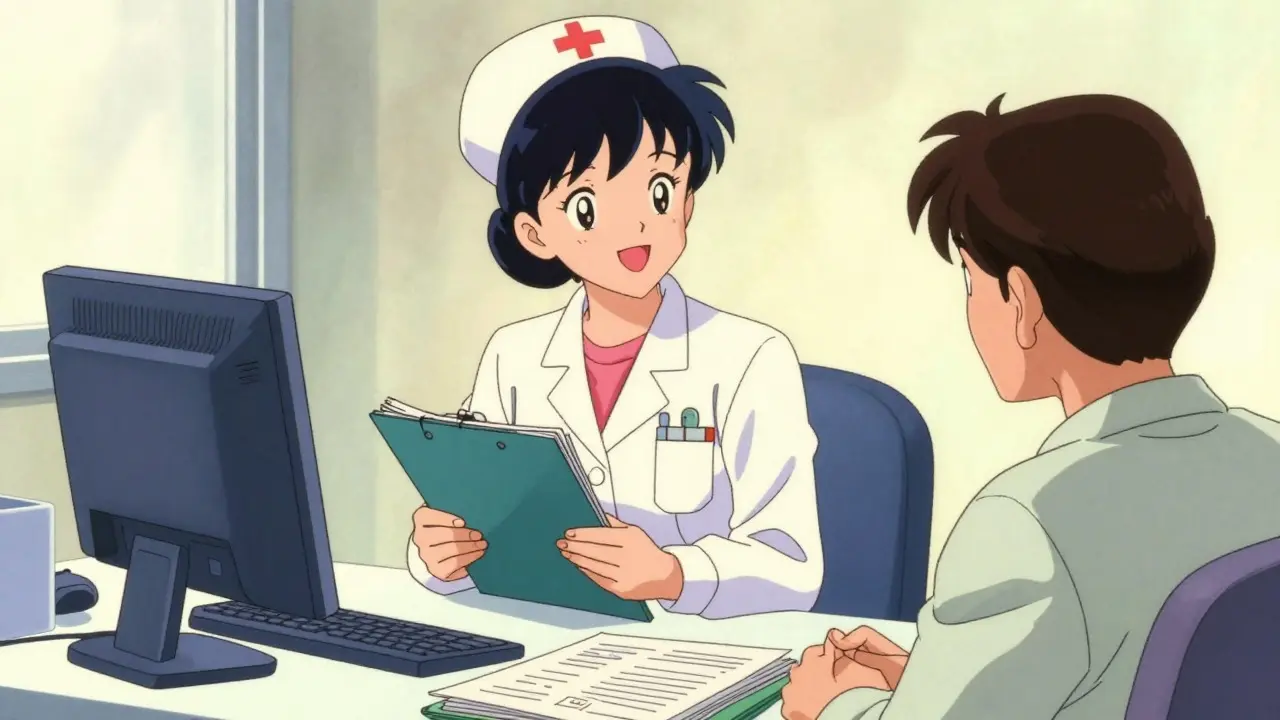 Healthcare worker helping patient with paperwork in retro anime style
