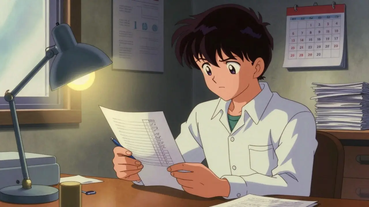 Person reviewing lab documents and taking notes at a home desk