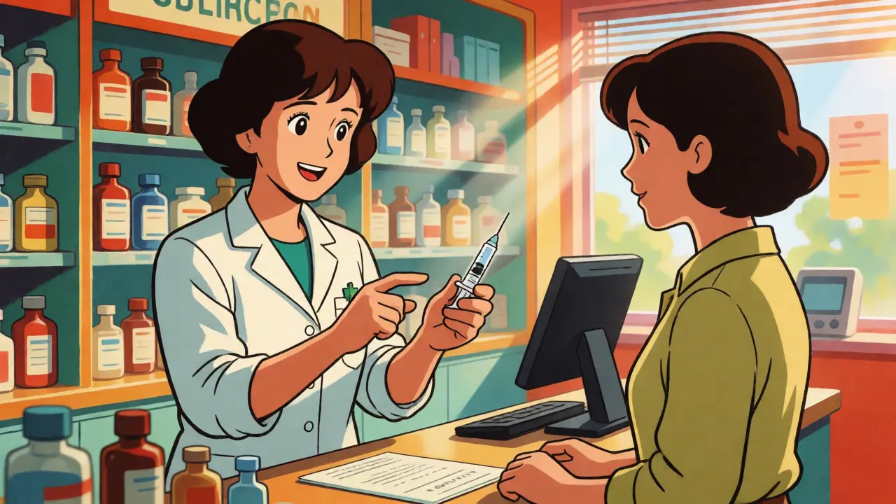 Pharmacist demonstrating syringe use to patient