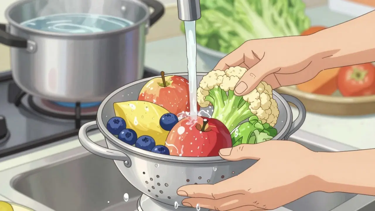 Retro anime art of hands washing low-potassium fruits and vegetables