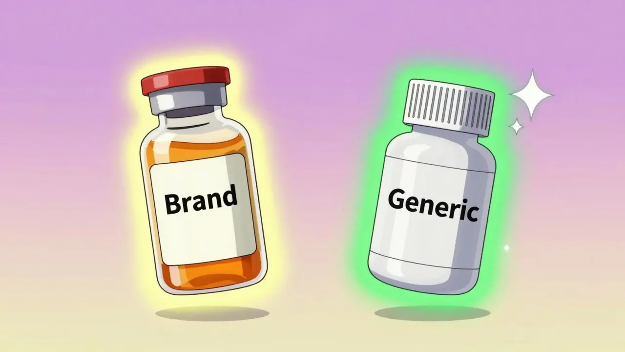 Retro anime comparison of brand vs generic medicine bottles