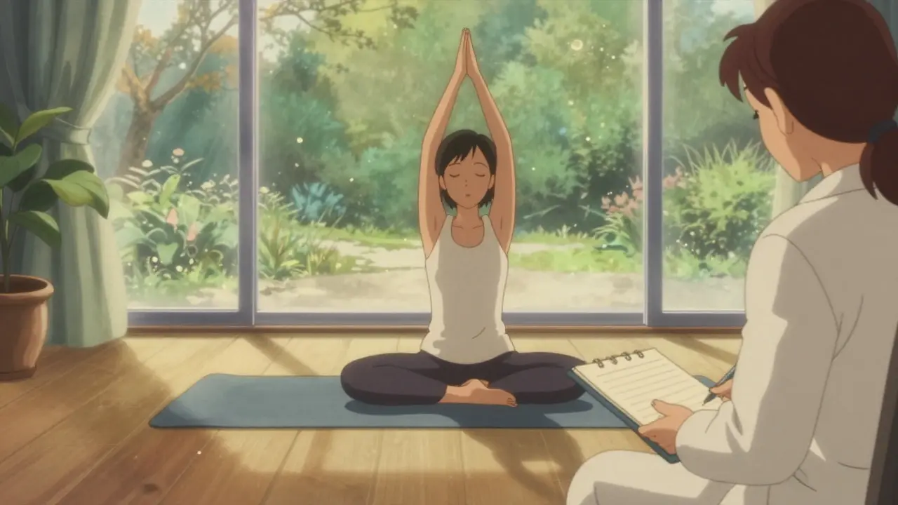 Retro anime scene of yoga and therapy for pain relief
