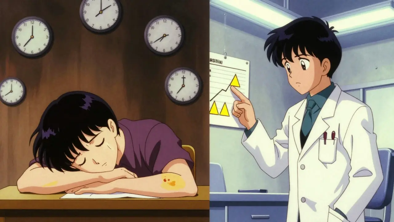 Split scene of extreme drowsiness and medical warning for jaundice