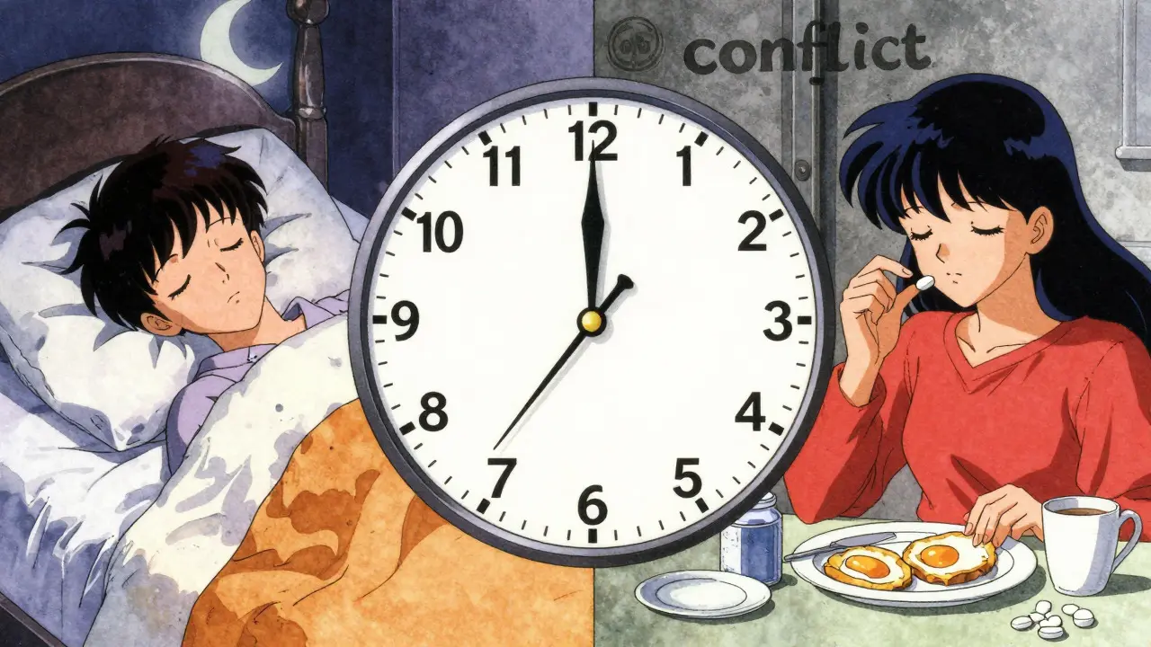 Split screen anime image comparing morning vs bedtime pill schedules.